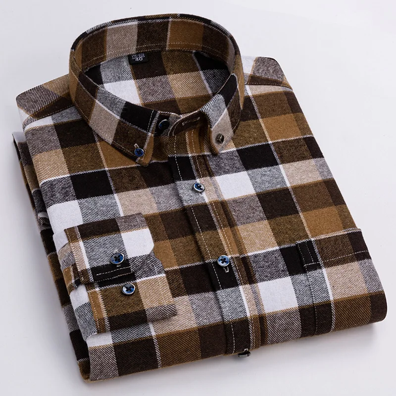 

2024 Spring and Autumn Pure Cotton Wool Plaid Shirt Young and Middle-aged Loose Casual Non-ironing Cotton Men's Shirt Fashion