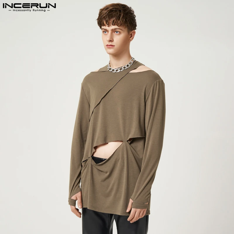 

Casual Well Fitting Tops INCERUN New Men Cross Design Hollowed-out T-Shirts Stylish All-match Solid Long-sleeved Camiseta S-5XL