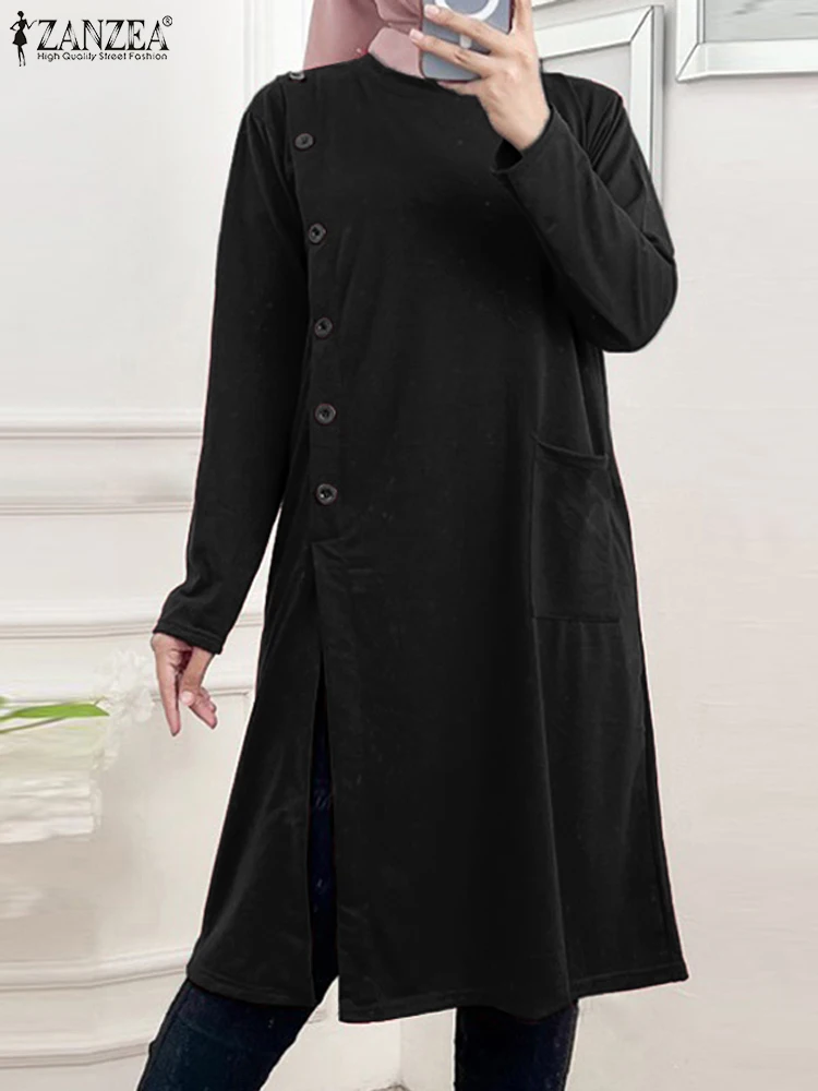 

ZANZEA Women Vintage O Neck Long Sleeve Solid Long Tops Casual Split Hem Shirt Work Blusa Dubai Turkey Abaya Hijab Muslim Blouse