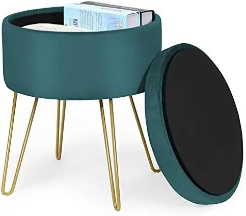 

Footrest Stool with Storage, Round Ottoman Stool with Gold Metal Legs and Removable Seat, Modern Dressing Vanity Chair for Home,