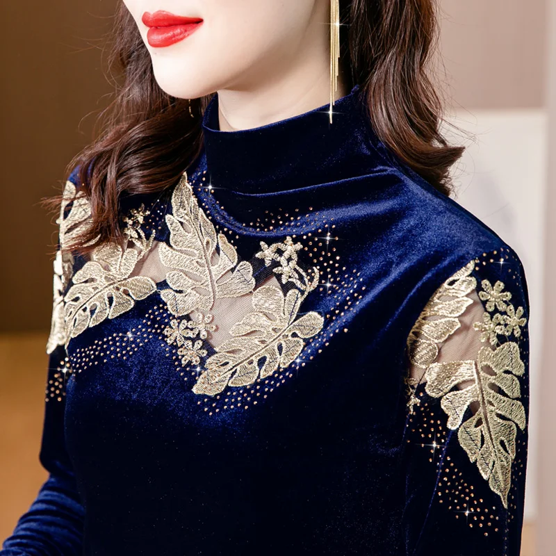 Spring Autumn Women Clothing Tops Fit Casual Elastic Stand Collar Hollow Out Velour Full Sleeve T-shirt 
Spring Autumn Women Clothing Tops Fit Casual Elastic Stand Collar Hollow Out Velour Full Sleeve T-shirt