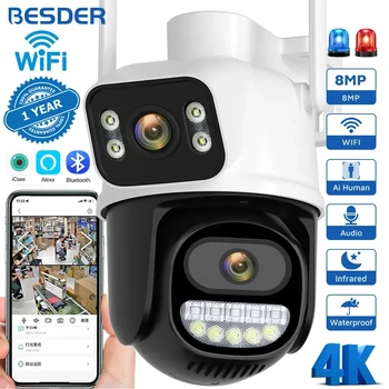 BESDER PTZ Wifi 야외 야간 투시경 카메라, 듀얼 스크린 인간 감지, 4MP 보안 보호, CCTV 감시 IP 카메라, 8MP