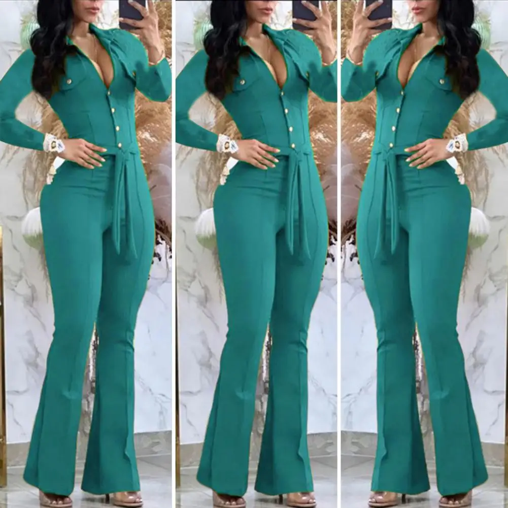 

Lapel Jumpsuit Women Jumpsuit Elegant Women's High Waist Jumpsuit Flared Cuff Slim Fit Belted Solid Color for Fall Spring