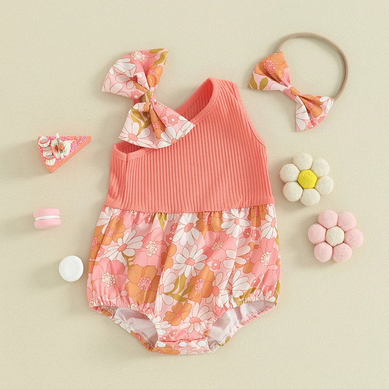 

Newborn Girl Outfit Asymmetric Flower Print Sleeveless Romper with Bow Hairband Summer Clothes