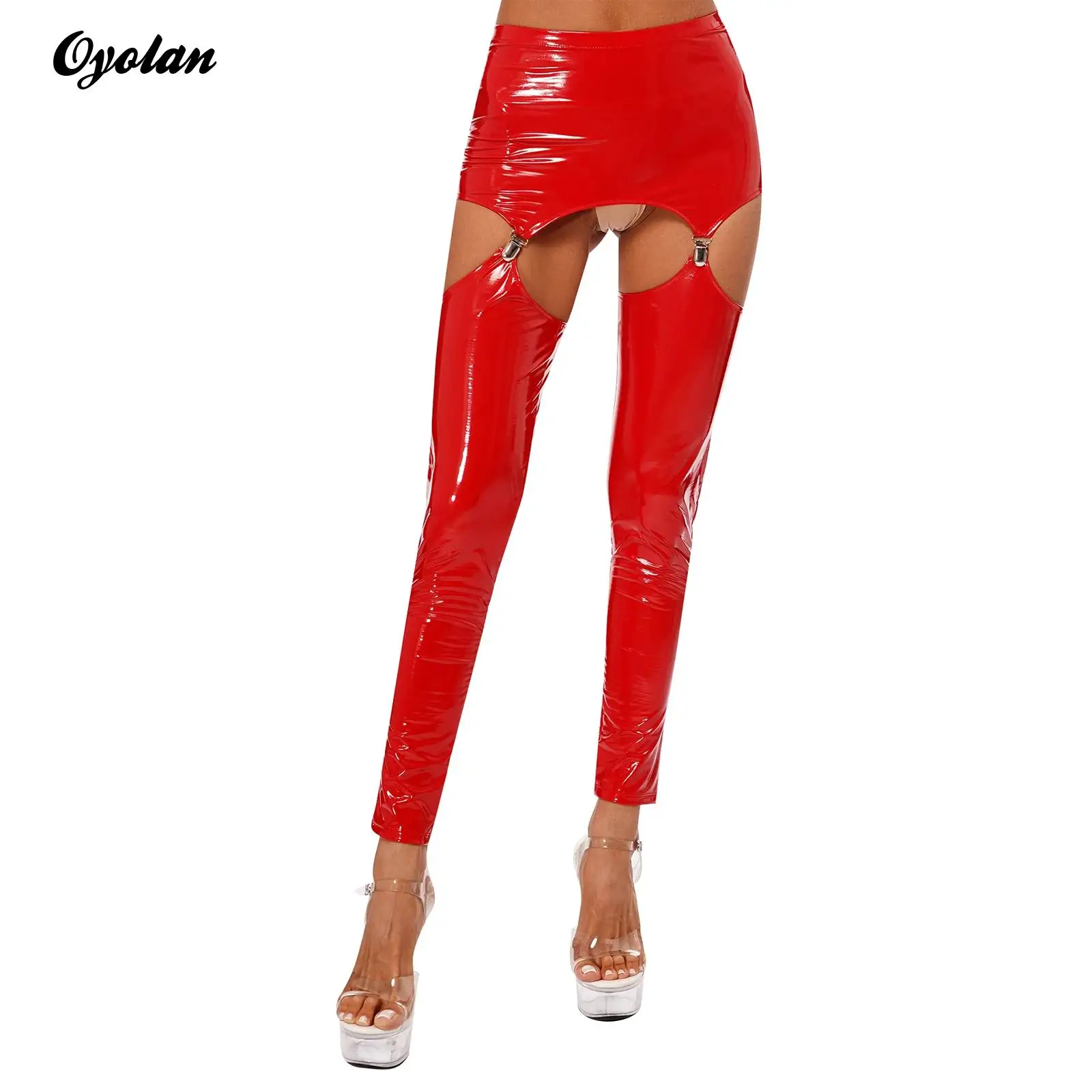 

Womens Sexy Pants Patent Leather Tights Mini Skirt with Garter Clips Glossy Sexy Clubwear Elastic Waist Thigh Cutout Leggings