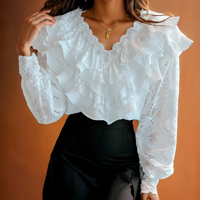 

Elegant V-neck Pleated Lace Shirt Women Casual New Ruffled Long Sleeve White Blouse Fashion Hollow Crochet Loose Lady Tops 29819