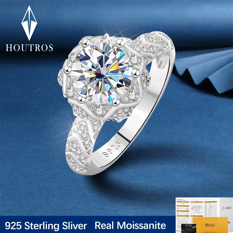 

Houtros 2CT Moissanite Wedding Ring for Women 925 Sterling Sliver Flower Engagement Diamond Band Fine Jewelry 100% Pass Test