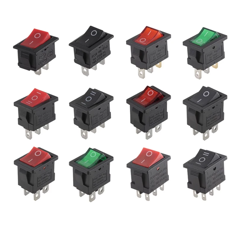 

100pcs KCD1 4Pin 2Pin 3Pin 21*15mm ON-OFF Black Boat Car Rocker Switch 6A/250V 10A/125V AC With Red Green Light Switch