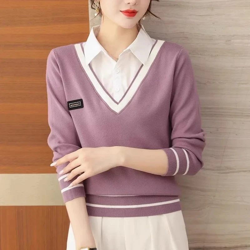 

Новинка Весна 2024, модный вязаный свитер с воротником-рубашкой, женские пуловеры с имитацией двух частей, свитер, корейские шикарные топы, женская трикотажная одежда