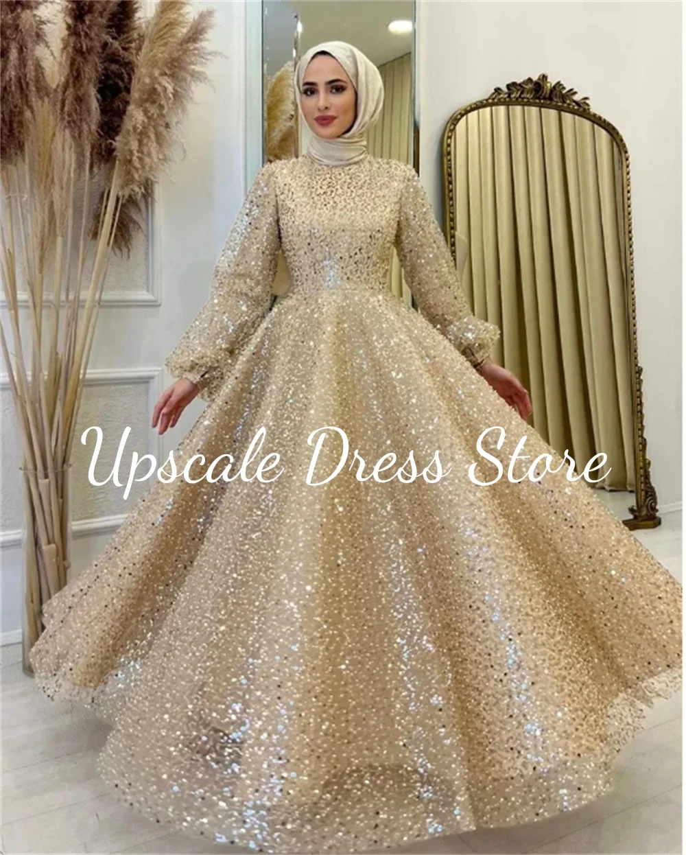 Champagne Sequin Muslim Evening Dress High Neck Long Puffy Sleeves Islamic Arabic Dubai Women Prom فساتين للحفلات الراقصة
Champagne Sequin Muslim Evening Dress High Neck Long Puffy Sleeves Islamic Arabic Dubai Women Prom فساتين للحفلات الراقصة