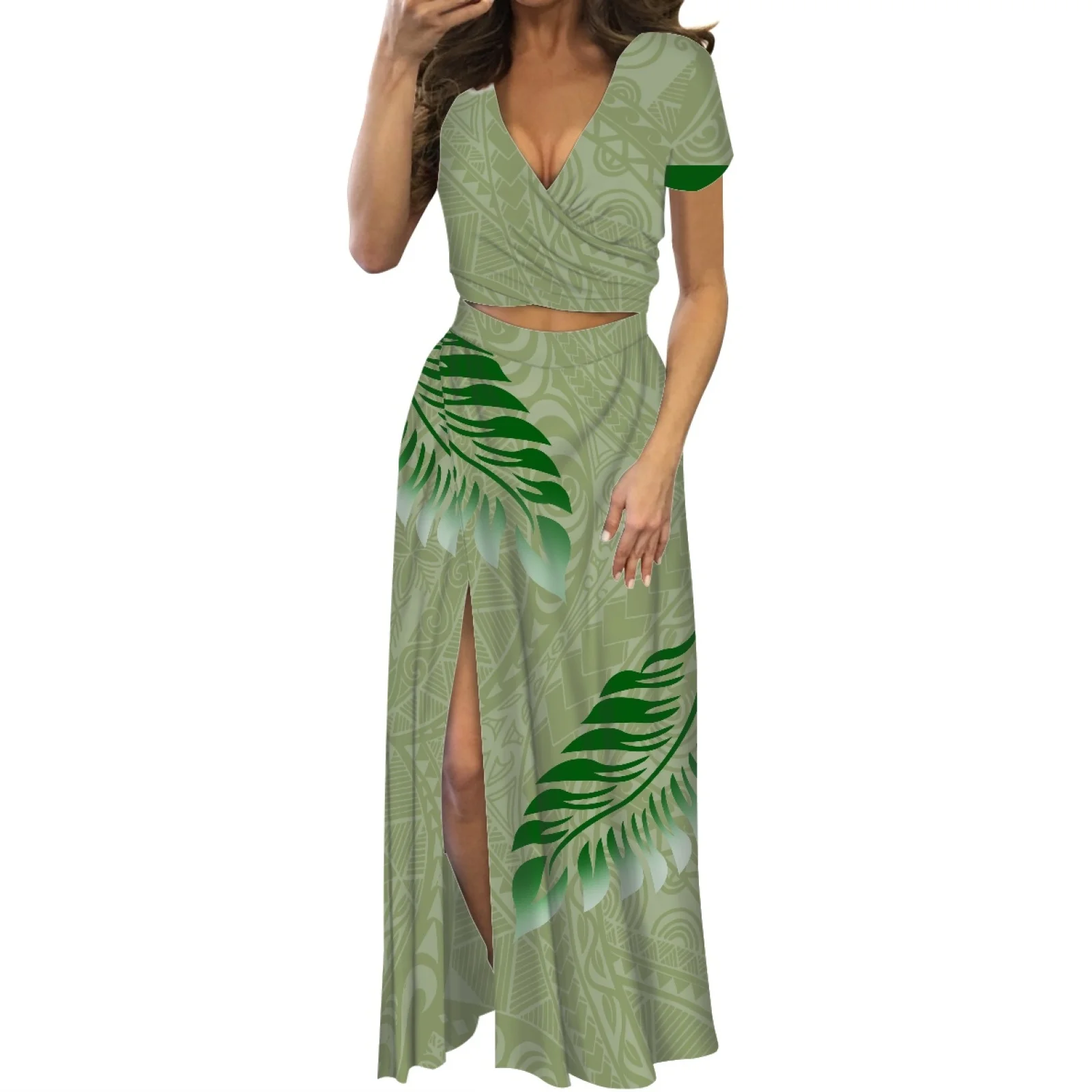 

2023 Elegance Woman Polynesian Dresses Hawaiian Style Palm Leaf Print Summer Fashion Dress Breast Wrap Sexy Beach Dress