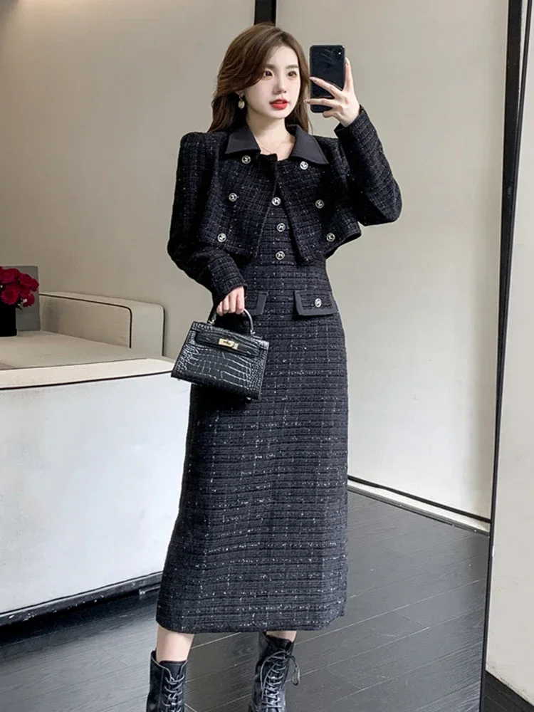 Luxury Tweed Two Piece Set Women Outfits Female Vintage Lapel Short Jacket Coat+Spaghetti Straps Dress Suit Fall Winter Woolen S
Luxury Tweed Two Piece Set Women Outfits Female Vintage Lapel Short Jacket Coat+Spaghetti Straps Dress Suit Fall Winter Woolen S