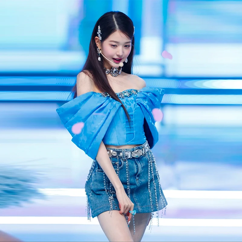 

Blue Girl's Group K-pop Singing Costume Jazz Dance Performance Set Concert One Shoulder Tops Hip Hop Street Dance Wear VBH109