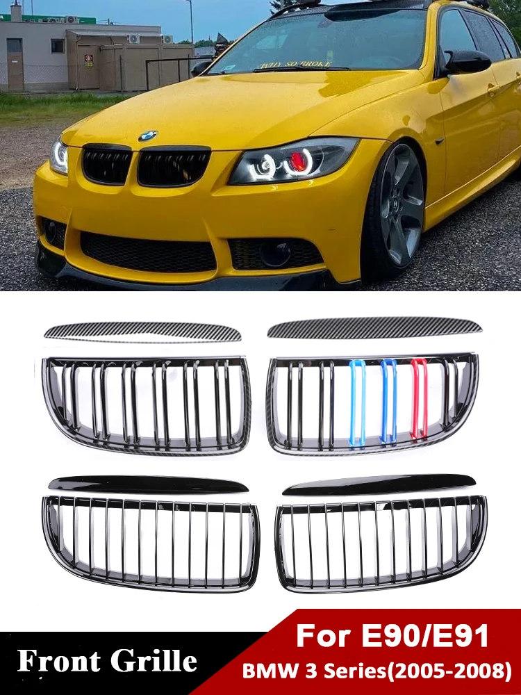 

Double Slat M Color Facelift Grille For BMW 3 Series E90 E91 2005-2008 Single Slat Carbon Fiber Black Grill Cover 325i 328i 320i