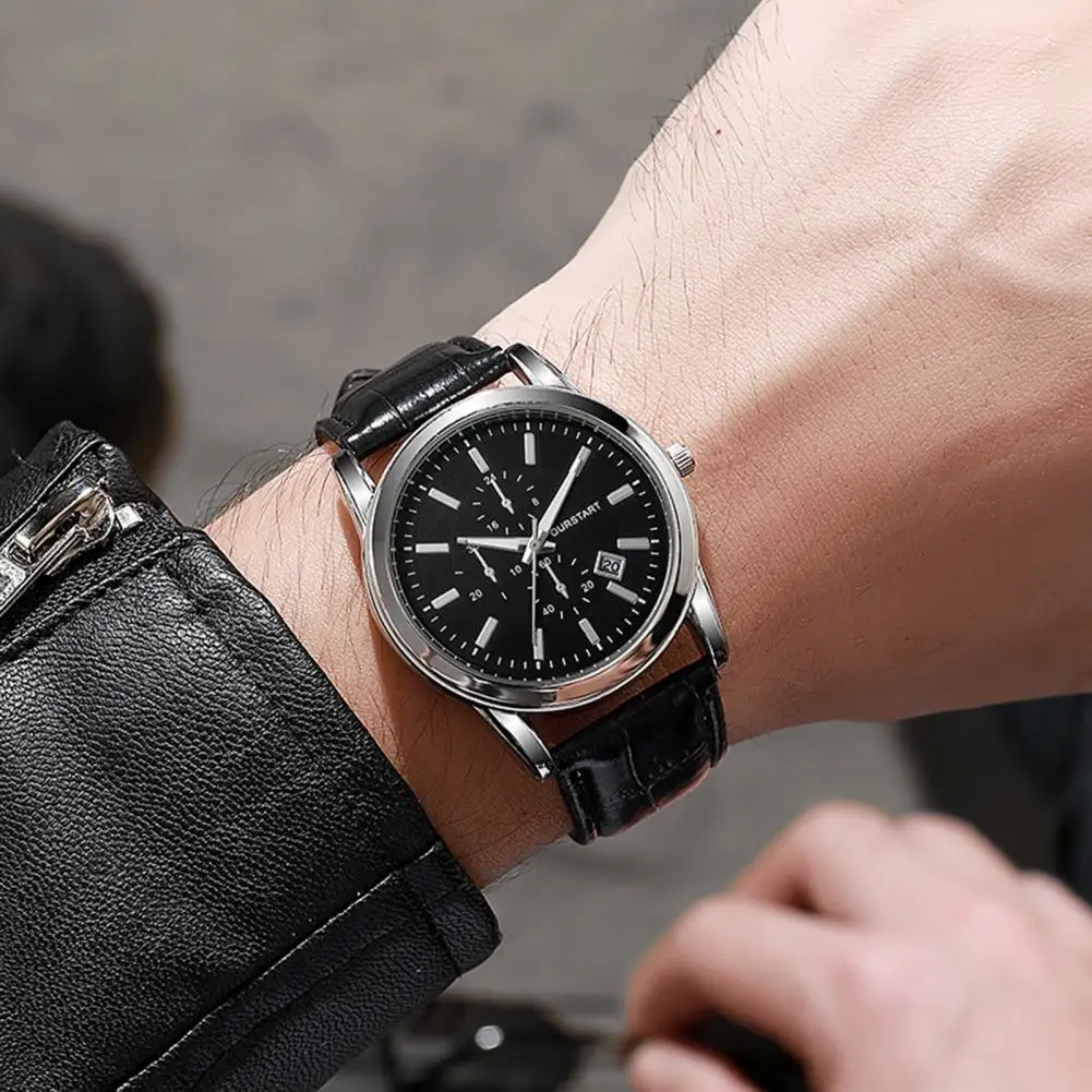 

Fashion Jewelry Men Casual Watch with Calendar Round Dial Faux Leather Strap Minimalist Teens Male Quartz Wrist Watch