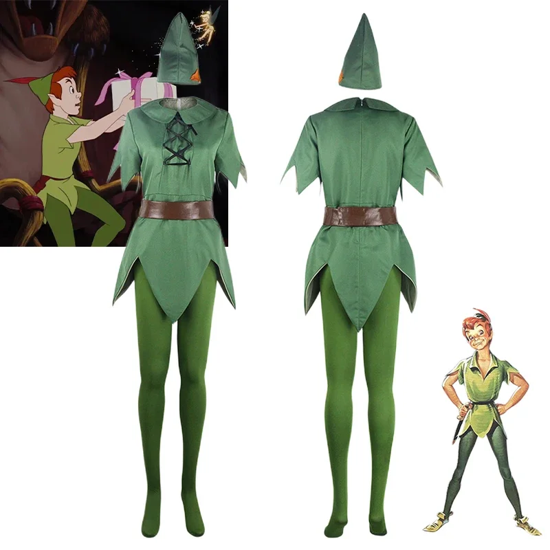 

Peter Pan Cosplay Costume Movie PeterPan Green Elf Cloth Suit with Hat Uniform Adult Children Halloween Carnival Costume