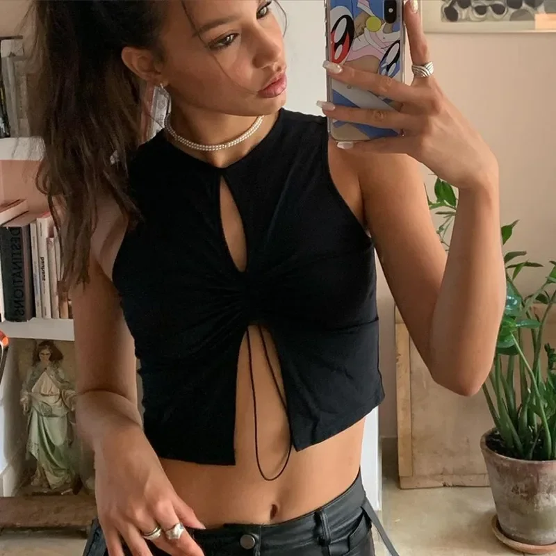 Sexy Hollow Out Bandage Solid Color Tank Tops Crop Top Women Sleeveless Drawstring Club Party Outfits Black Tshirts Streetwear
Sexy Hollow Out Bandage Solid Color Tank Tops Crop Top Women Sleeveless Drawstring Club Party Outfits Black Tshirts Streetwear
