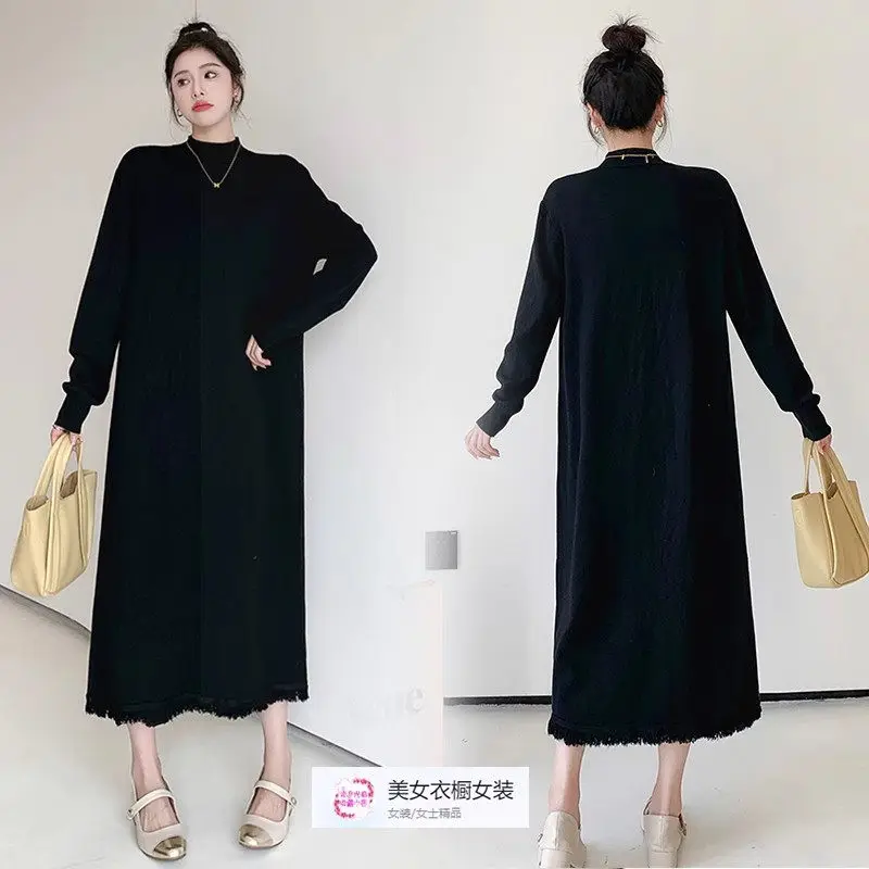 

2023 Autumn New Bottom Dress Women's Casual Loose Fit Large Size Long Sleeve Sweater Fringe Mid Neck Spliced Knit Dress Z3054