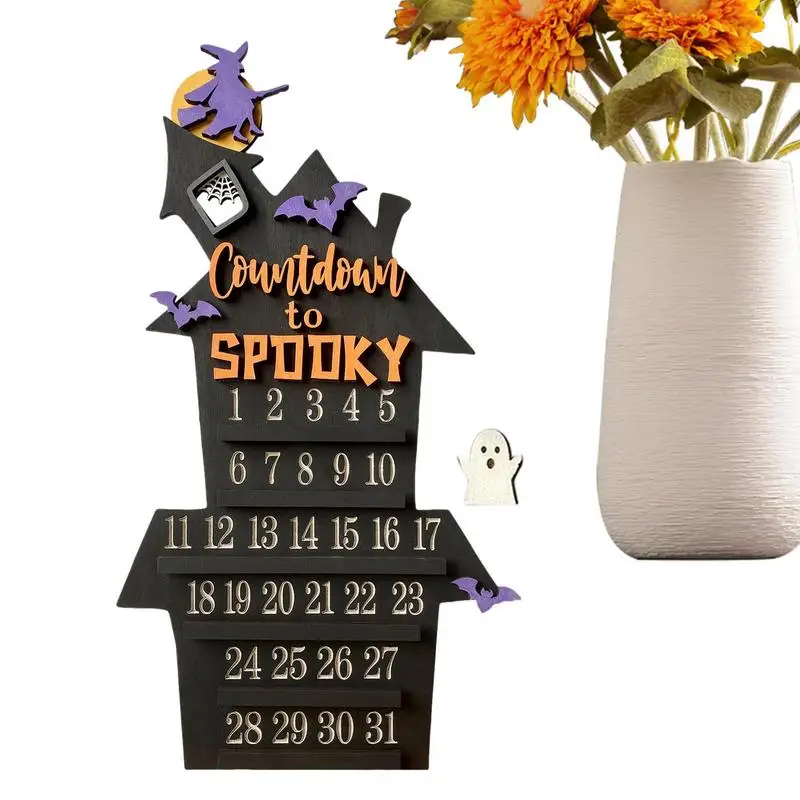 

Halloween Advent Calendar | Wooden Castle Shape Countdown to Halloween | Removable Calendar Ornament Bat Witch Ghost Decoration