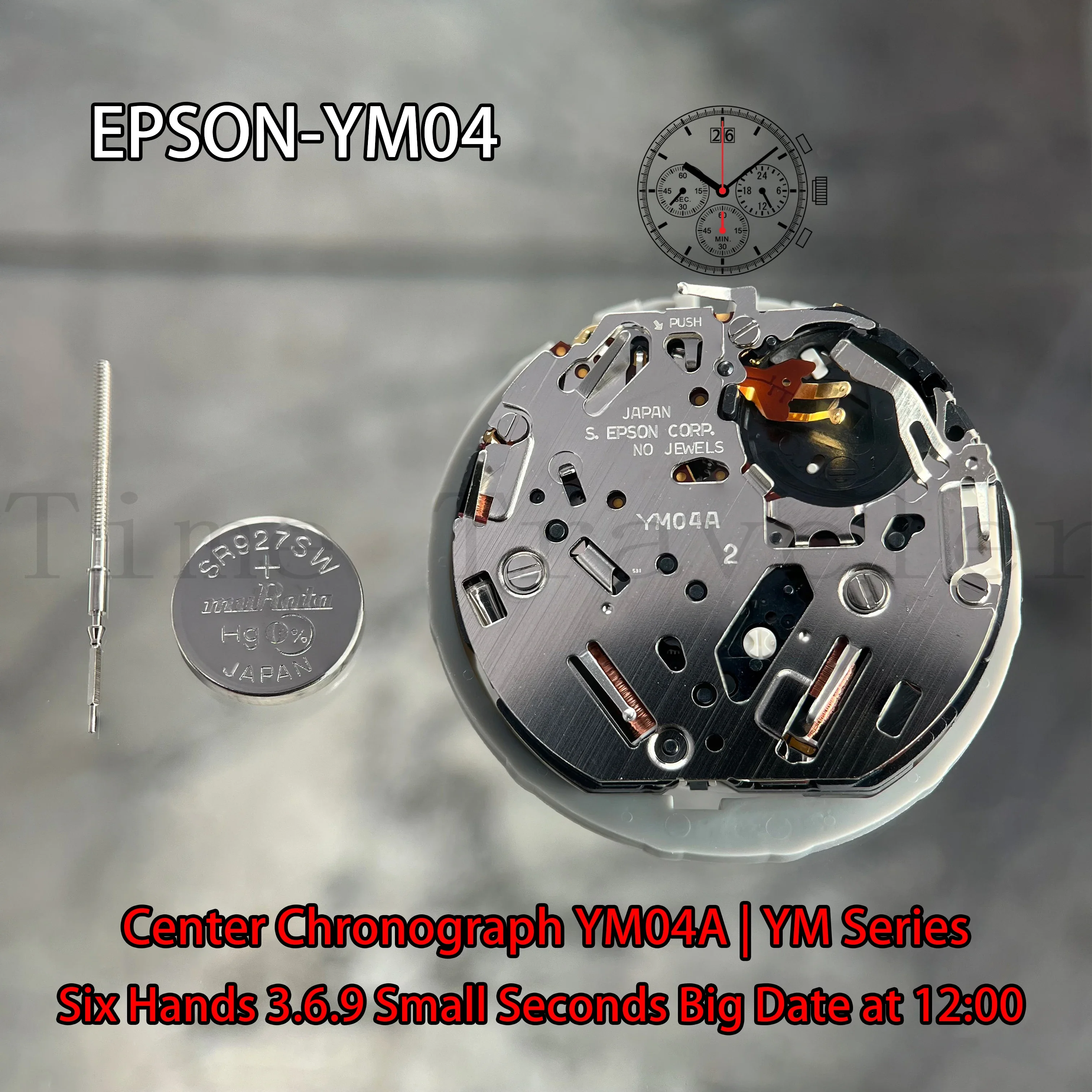 

YM04 Movement Epson YM04A Movement YM Series Quartz Movement Size:12''' Six Hands 3.6.9 Small Seconds Big date display at 12:00