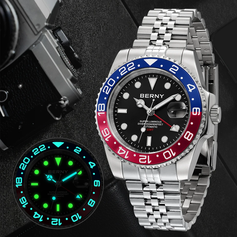 

BERNY Men's Mechanical Self-Winding Watch Super Luminous Easy Read Dial 20ATM Professional Diving Sports Watch Sapphire Glass