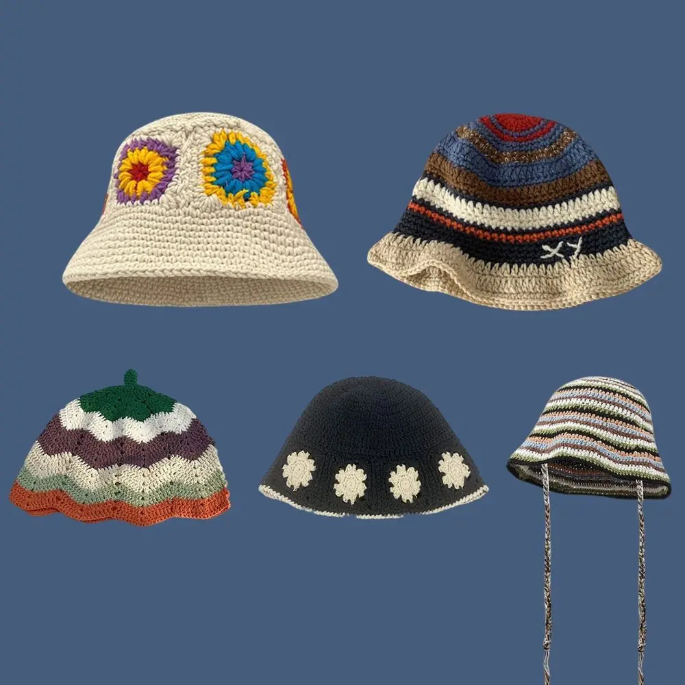 

INS Knit Beanies Handmade Rainbow Strip Hollow Out Bucket Hat Flower Crochet Sunflower Panama Cap Spring&Summer