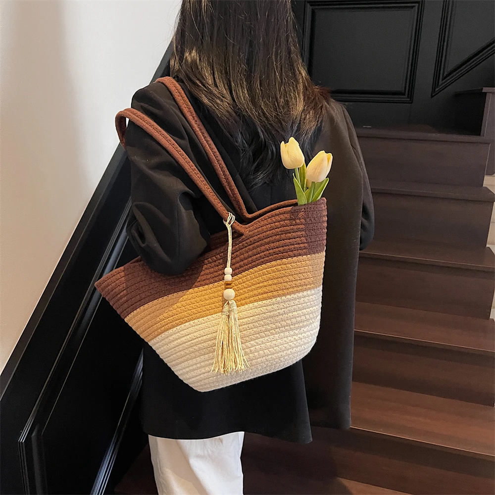 Striped Cotton Rope Tote with Tassel 13 S6e6289f57af24badb90f1ccc30428be6P