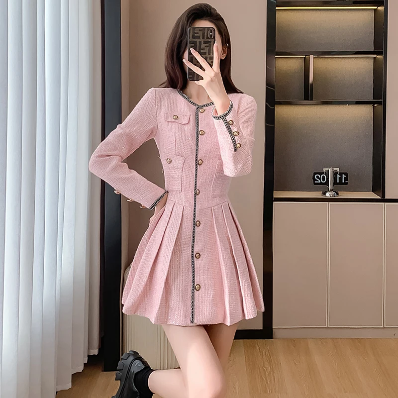 

High Quality Small Fragrant Tweed Mini Dress for Women Fall Winter Single-breasted Slim Pleated Short Woolen Vestidos Robes Femm