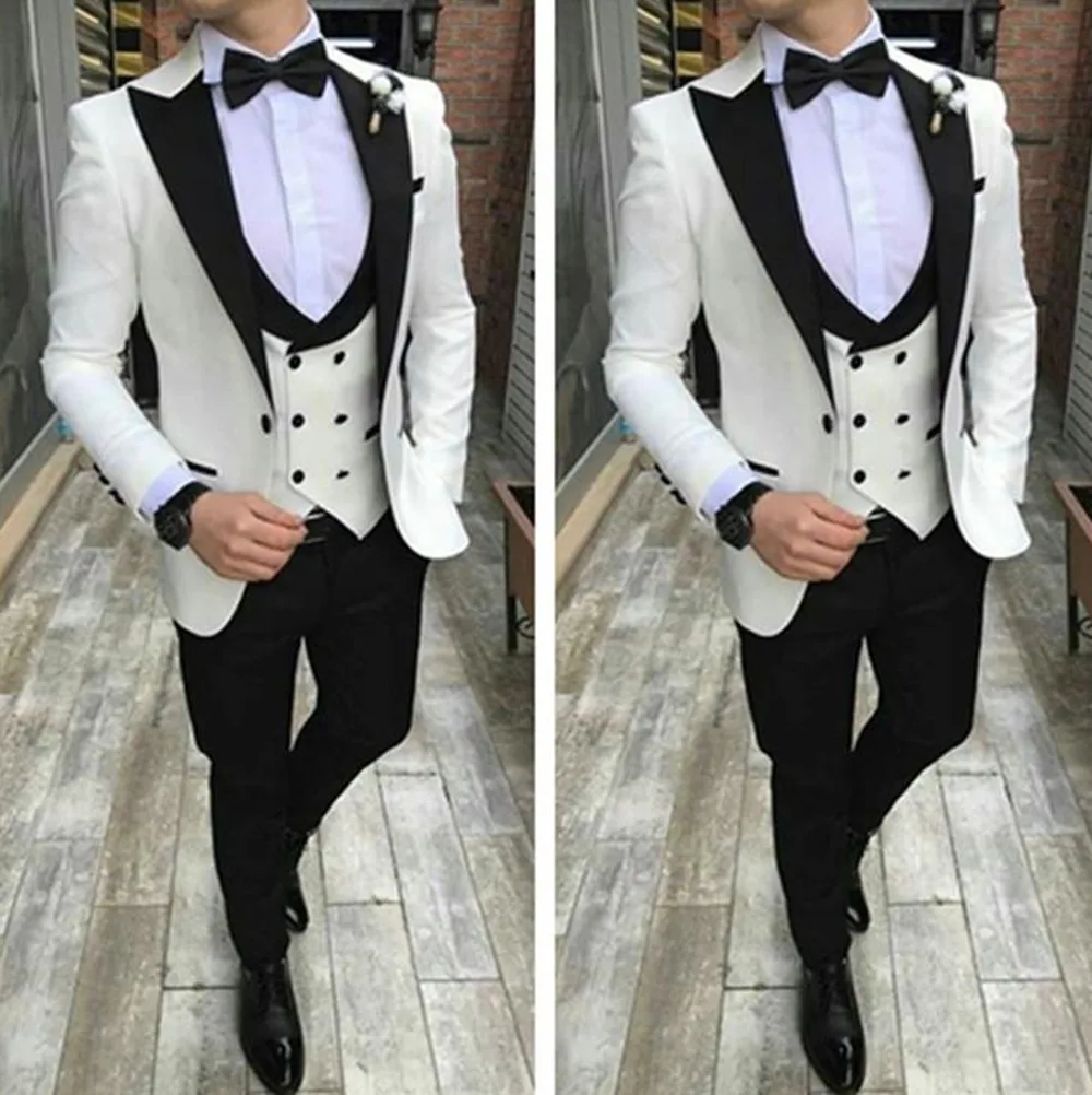 Tailor Made White Groom Tuxedos Mens Wedding Suits Black Peaked Lapel Man Blazer 3 Piece Slim Fit Male Jacket Double Breast Vest
Tailor Made White Groom Tuxedos Mens Wedding Suits Black Peaked Lapel Man Blazer 3 Piece Slim Fit Male Jacket Double Breast Vest