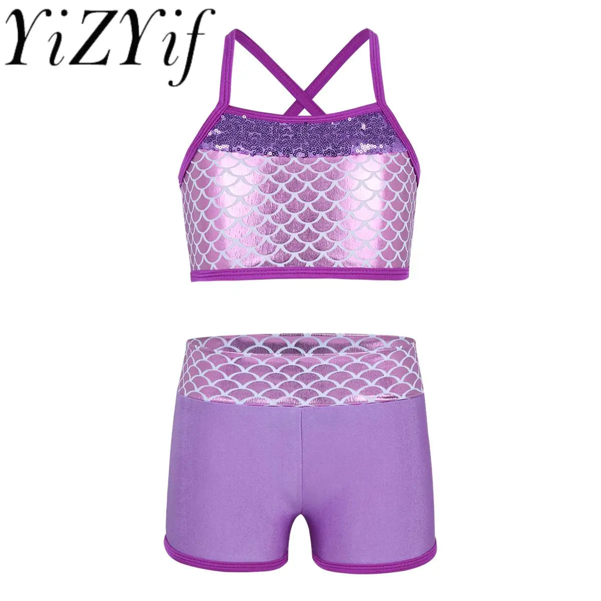 

Kids Girls Cartoon Print Rhythmic Gymnastics Crop Top Shorts Set Sequins Mermaid Scales Practice Ballet Class Dancewear Outfit