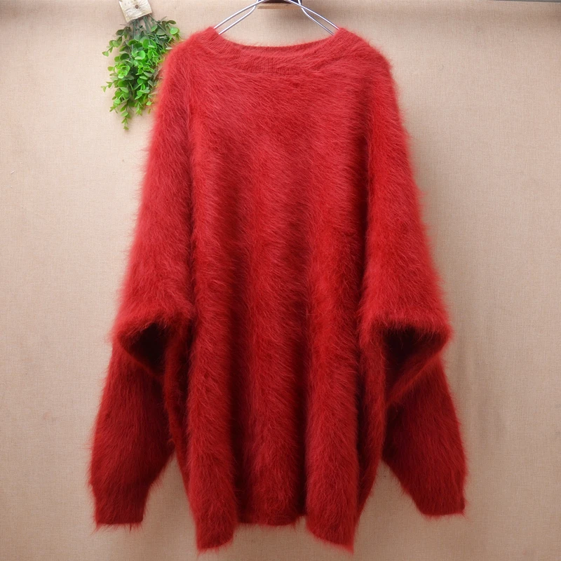 

Female Women Fall Winter Clothing Hairy Mink Cashmere Knitted O-Neck Long Batwing Sleeves Loose Pullover Jumper Sweater Pull Top