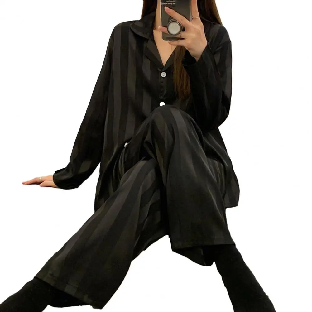 Comfortable Women Sleepwear Women's Striped Silk Pajama Set with Long Sleeve Shirt Wide Leg Pants Spring Summer for Comfort 
Comfortable Women Sleepwear Women's Striped Silk Pajama Set with Long Sleeve Shirt Wide Leg Pants Spring Summer for Comfort