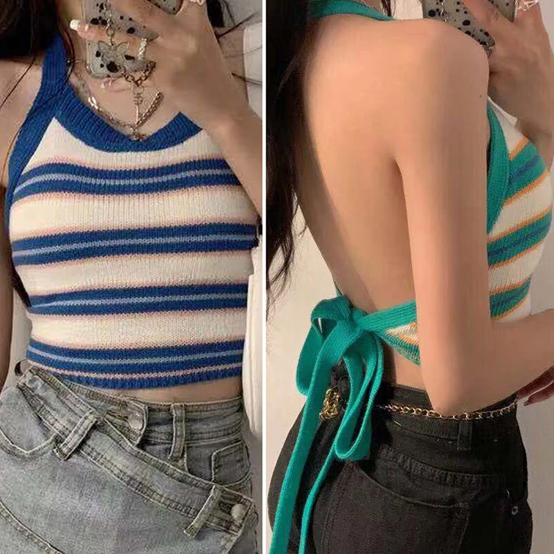 Women Halter Tops Sexy Y2K Crop Tops Stripes Knitted Backless Strappy Bandage Crop Tops
Women Halter Tops Sexy Y2K Crop Tops Stripes Knitted Backless Strappy Bandage Crop Tops