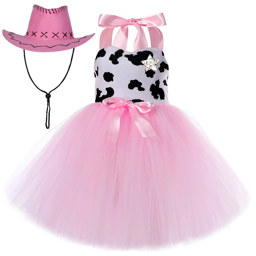 

Toy Jessie Woody Costumes for Girls Birthday Halloween Cowgirl Fancy Dress with Hat Kids Pink Cow Tutu Outfit Animal Clothes Set