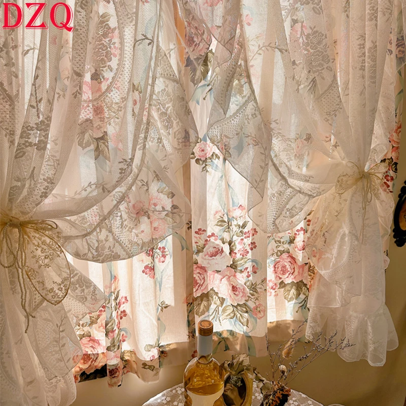 

Double Layered Idyllic French Romantic Flowers Curtains Cloth For Living Room Lace Warp Ruffled Tulle Curtains for Kitchen #A461