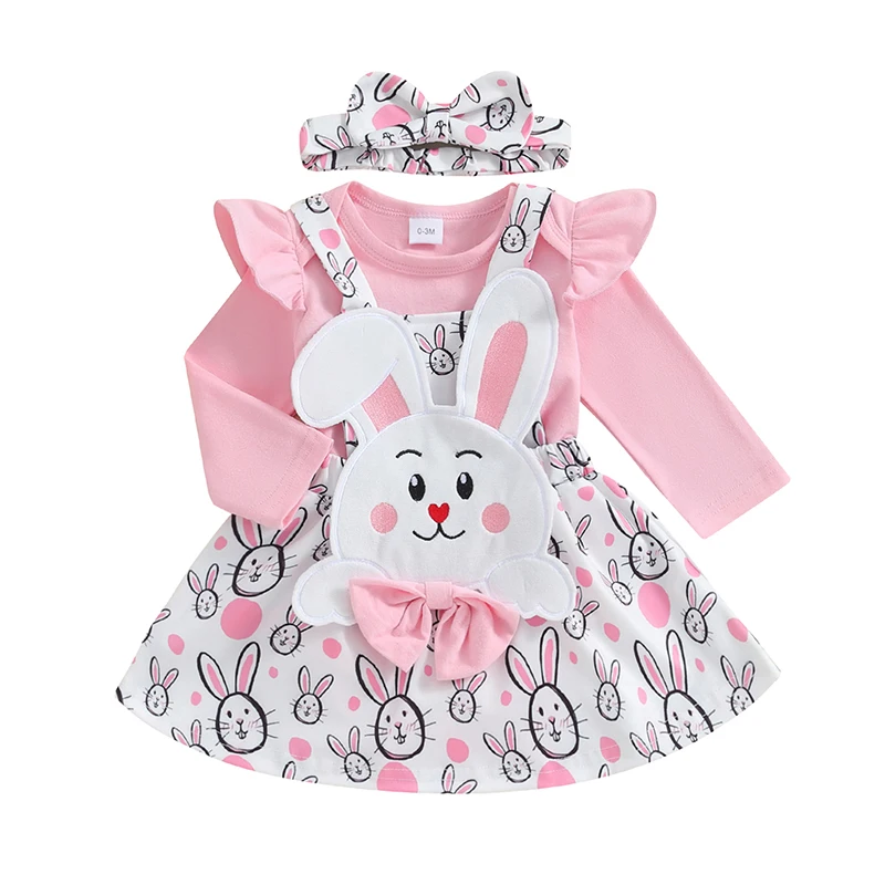 

Пасхальные комплекты с юбкой для маленьких девочек, комбинезон с длинным рукавом и оборками, топы, юбка на бретелях с принтом кролика в виде пасхальных яиц