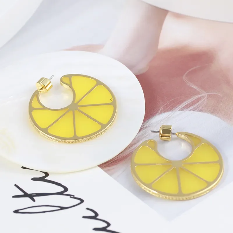 

European And American Tide Brand Jewelry Wholesale Fruit Series Enamel Lemon Slice Shape Round Earrings Women
