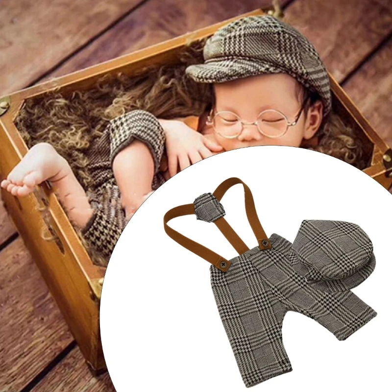 

Gentleman Style Outfit for Unforgettable Photos Checkered Overalls with Hat Set