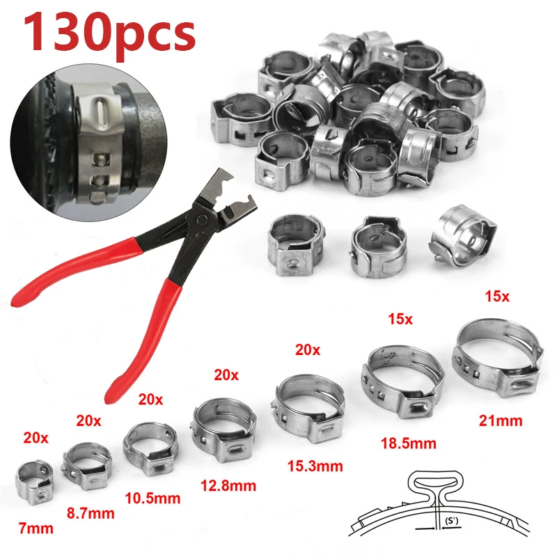 

130pcs Single Ear Stepless Hose Clamps +1PC Hose Clip Clamp Pliers 7-21mm 304 Stainless Steel Hose Clamps Cinch Clamp Rings