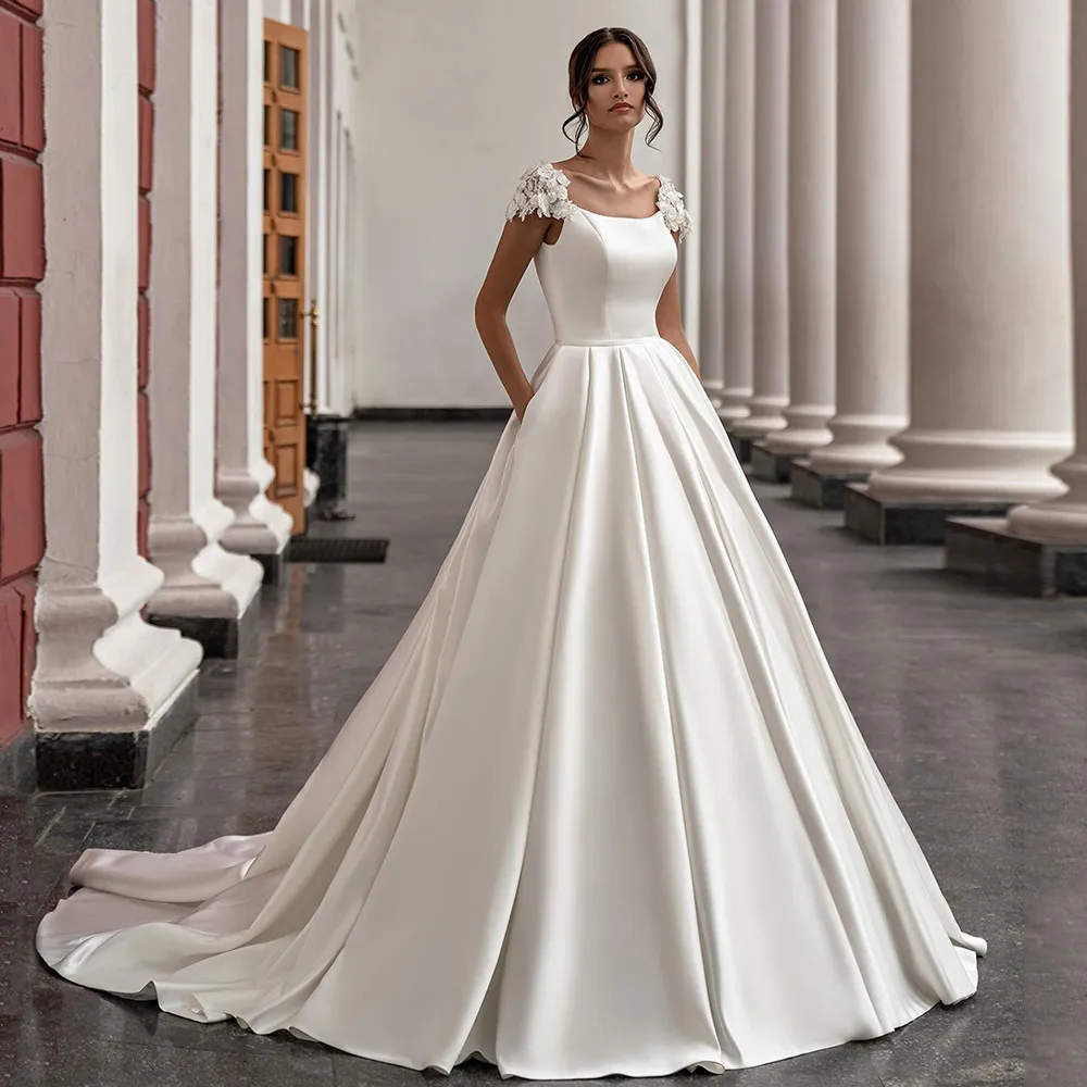 

Gorgeous Satin Wedding Dresses Cap Sleeve Scoop Neck Flowers Court Train A Line Bridal Gown with Pockets Robe De Mariee