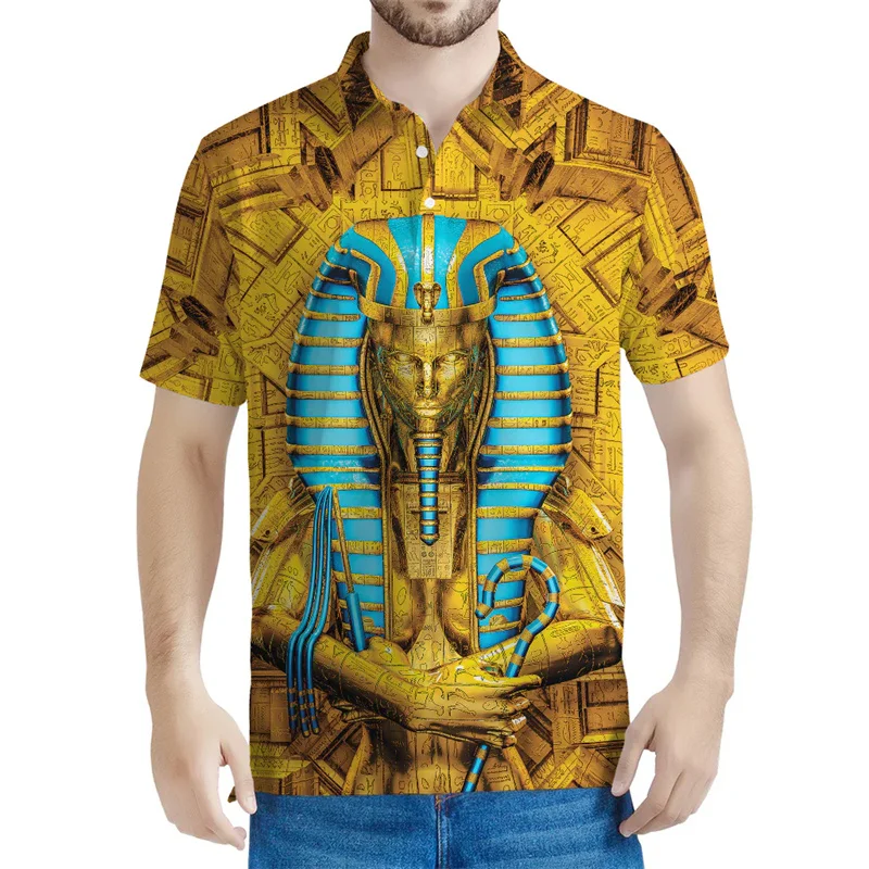 

Рубашка-поло мужская с принтом Древнего Египта, Повседневная Уличная одежда с отложным воротником и короткими рукавами, с пуговицами Тотем и египетскими богами, 3d-принт