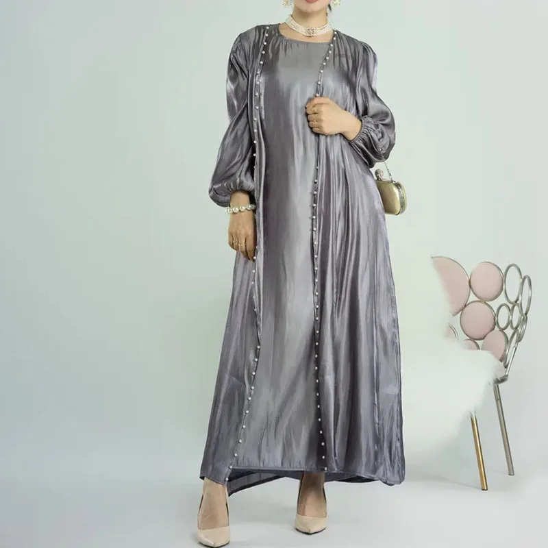 Muslim Women Ramadan 2 Piece Abaya Set Front Pearl EID Islamic Clothing Shiny Satin Silk Matching Inner Slip Dress
Muslim Women Ramadan 2 Piece Abaya Set Front Pearl EID Islamic Clothing Shiny Satin Silk Matching Inner Slip Dress