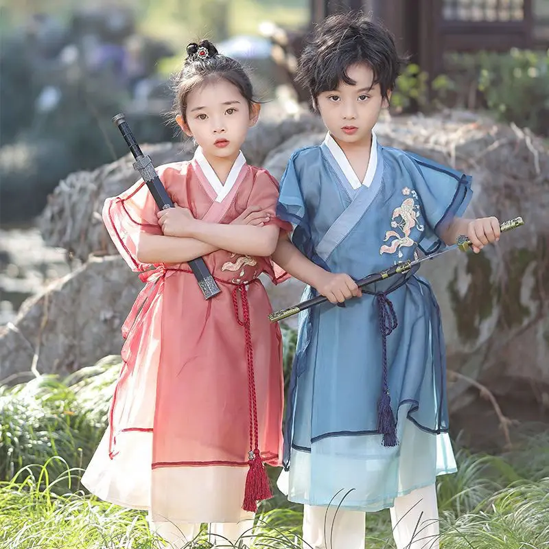 

Детское платье ханьфу династии Тан, костюмы в китайском стиле для мальчиков и девочек, боевые искусства, летающие рыбы, кавайная детская одежда для выступлений
