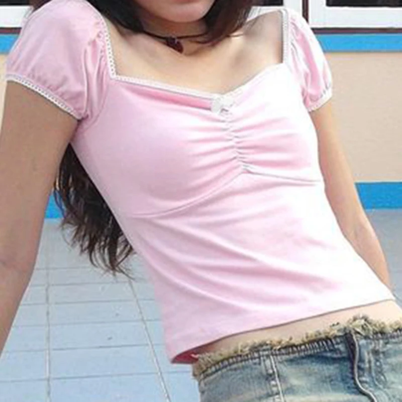 y2k Summer Women Pink Bow Crop Top Fairy Grunge Lace Trim Shirring Short-Sleeved Tee Korean Kawaii Slim Fit T-shirt Streetwear
y2k Summer Women Pink Bow Crop Top Fairy Grunge Lace Trim Shirring Short-Sleeved Tee Korean Kawaii Slim Fit T-shirt Streetwear