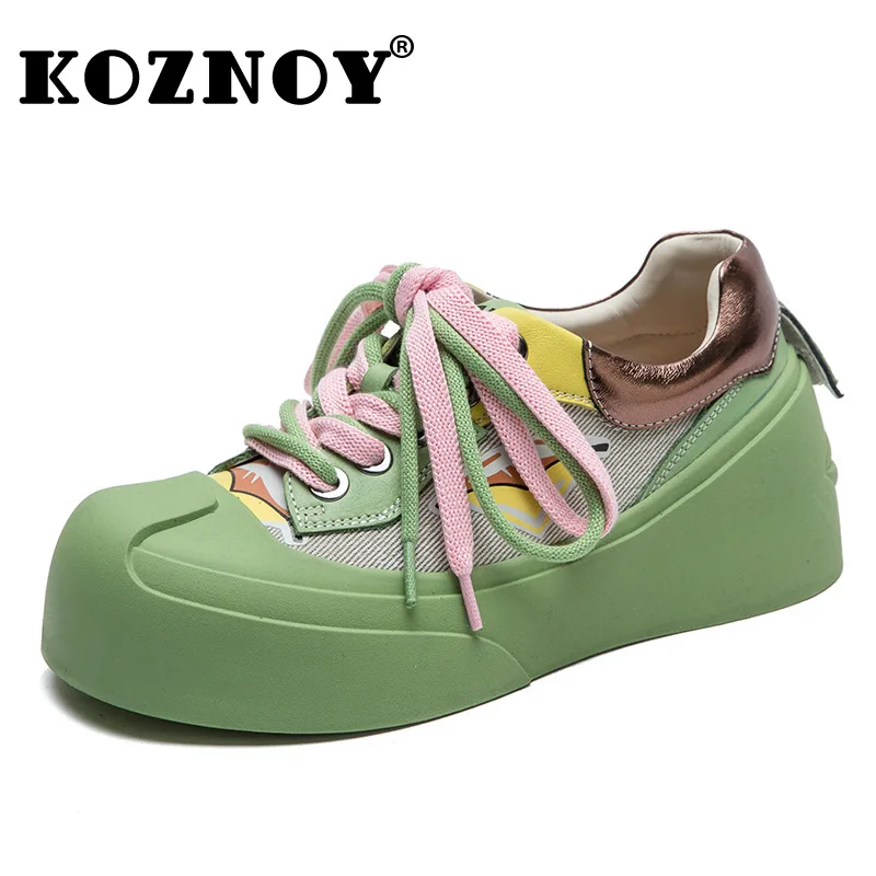 

Koznoy 7cm Denim Genuine Leather Synthetic Loafer Vulcanize Autumn Spring Chunky Sneaker Mixed Color Women Moccasins Comfy Shoes