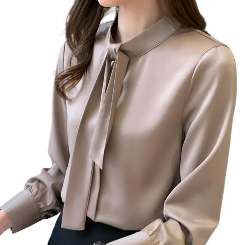 

Шелковая Корейская Офисная женская элегантная рубашка, Женская атласная блузка на пуговицах, Винтажные белые рубашки на шнуровке с длинным рукавом, топы 6XL