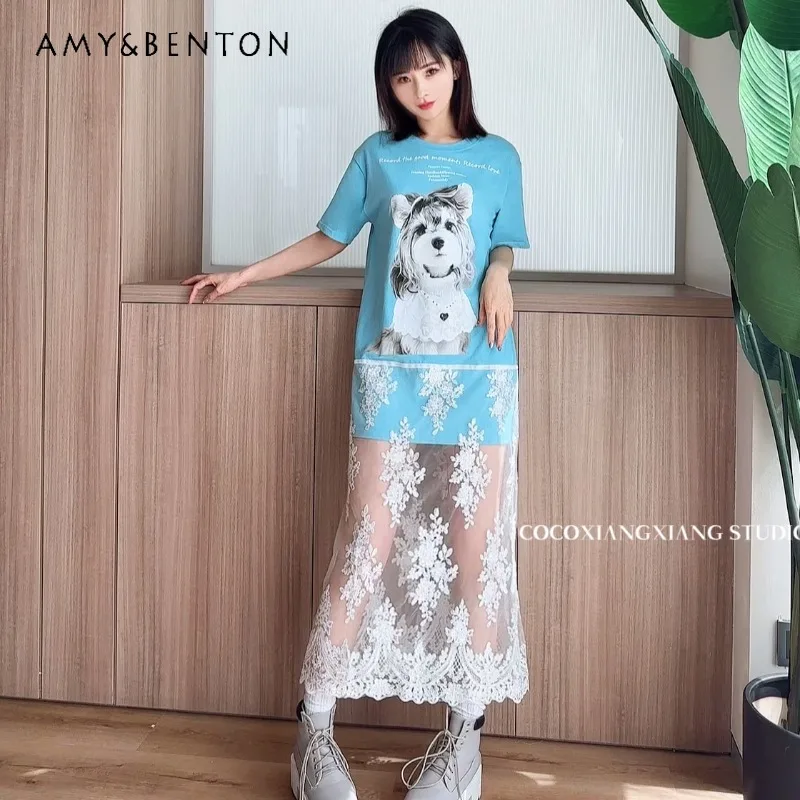 

Fashion Vestidos Summer Refined Handmade Lace Embroidery Stitching Cartoon Printed Tshirt Loose Slimming Long Dress Blue Clothes