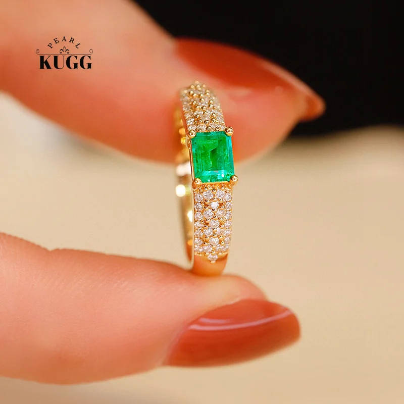 

KUGG 18K Yellow Gold Rings Real Natural Emerald Luxury Diamond Gemstone Ring for Women Vintage Palace Style High Party Jewelry
