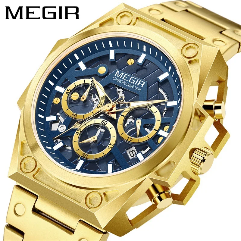 

MEGIR Men Watches Fashion Business Gold Stainless Steel Quartz Watch Casual Waterproof Chronograph Мужские кварцевые часы