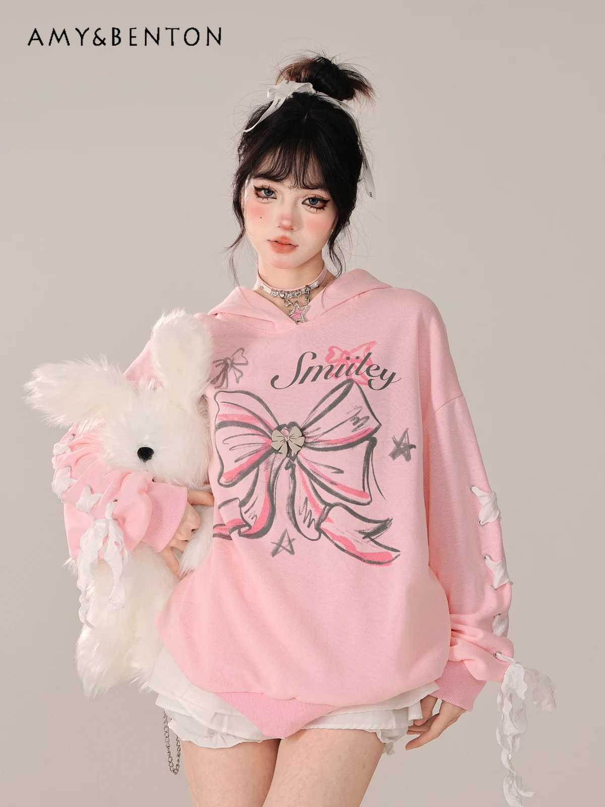 

Sweet Girl Cute Bowknot Printed Pink Rabbit Ear Hoodies Women Spring New Preppy Style Loose Casual Kawaii Sweatshirt Y2K Hoodie